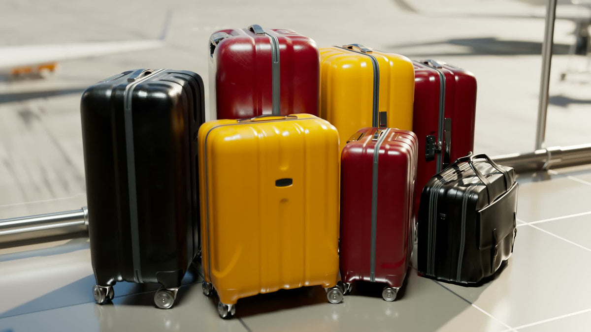 A group of hard-shell suitcases on an airport tarmac